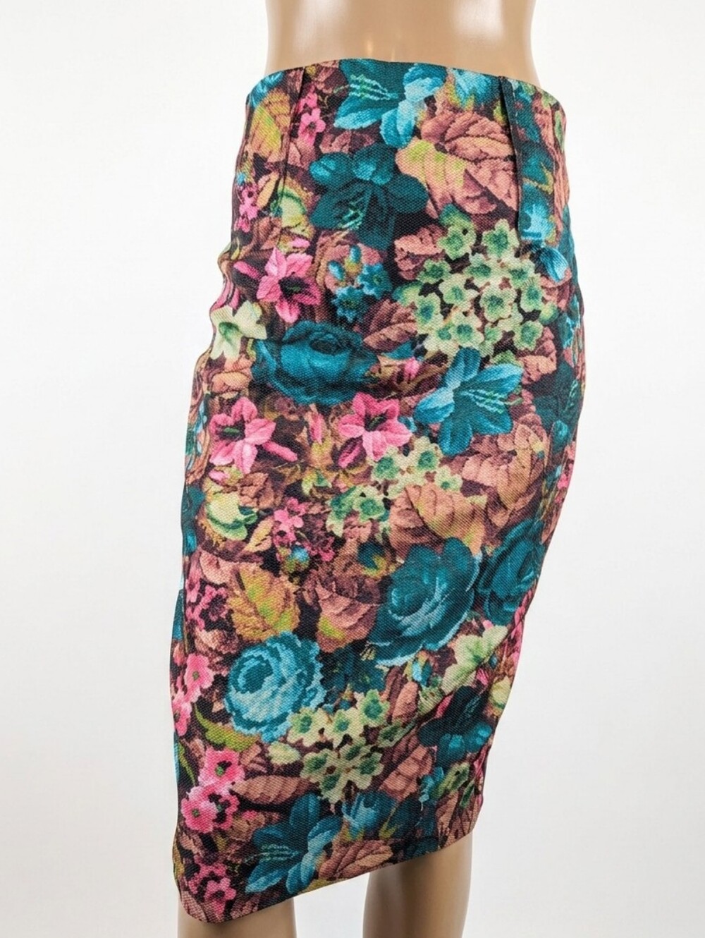Darling London Floral Tapestry Pencil Skirt Teal Pink Boho Midi Womens Small